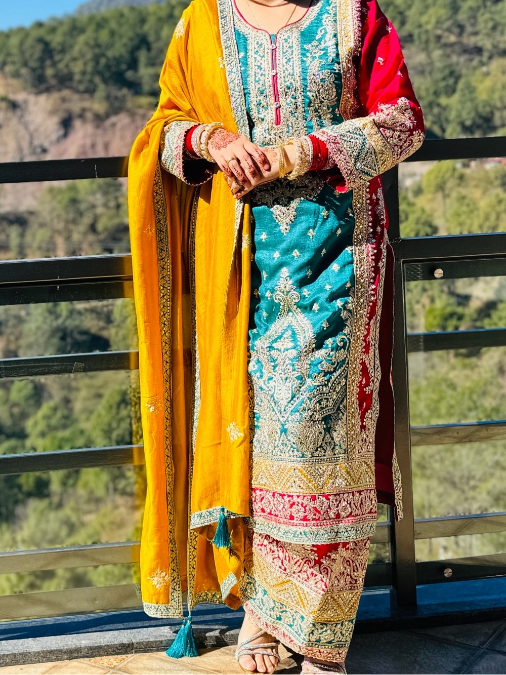 Punjabi Embroidered Teal & Mustard Traditional Trousers Set